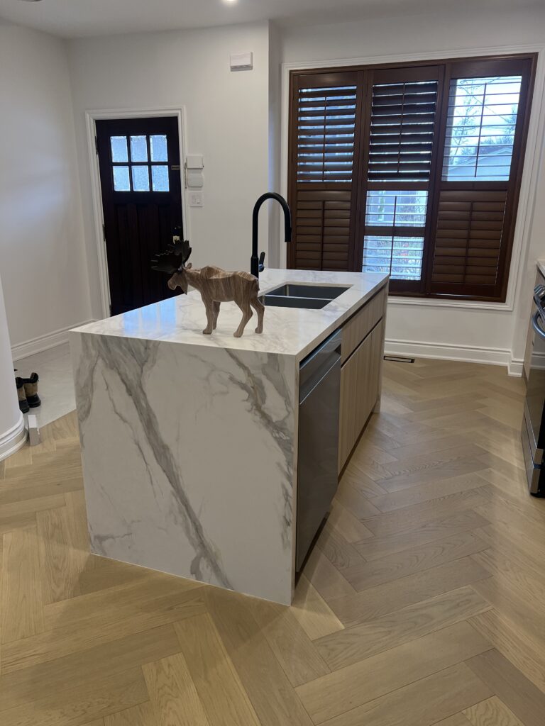 stone waterfall island countertop toronto kitchen