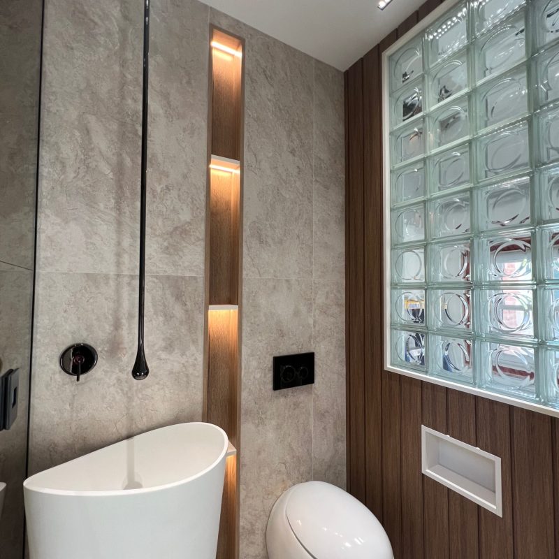 Toronto Midtown bathroom renovation with wall mount faucet