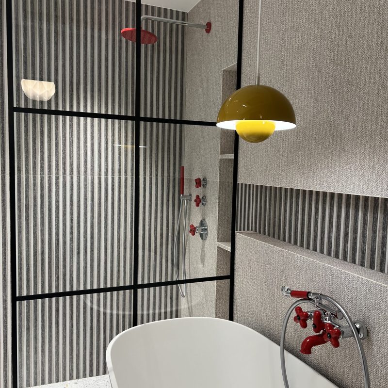 black grid shower glass